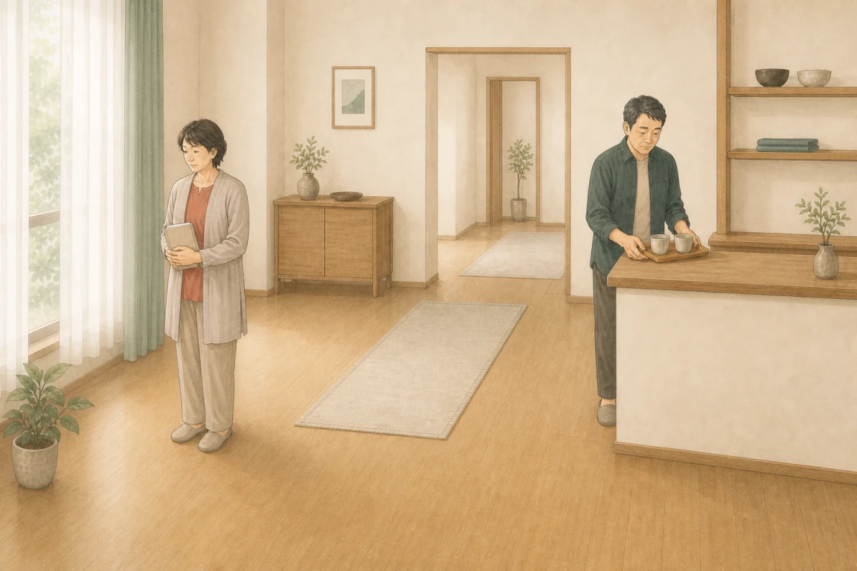 明るい家の別々の場所に立ち、話すきっかけを探す二人のイラスト