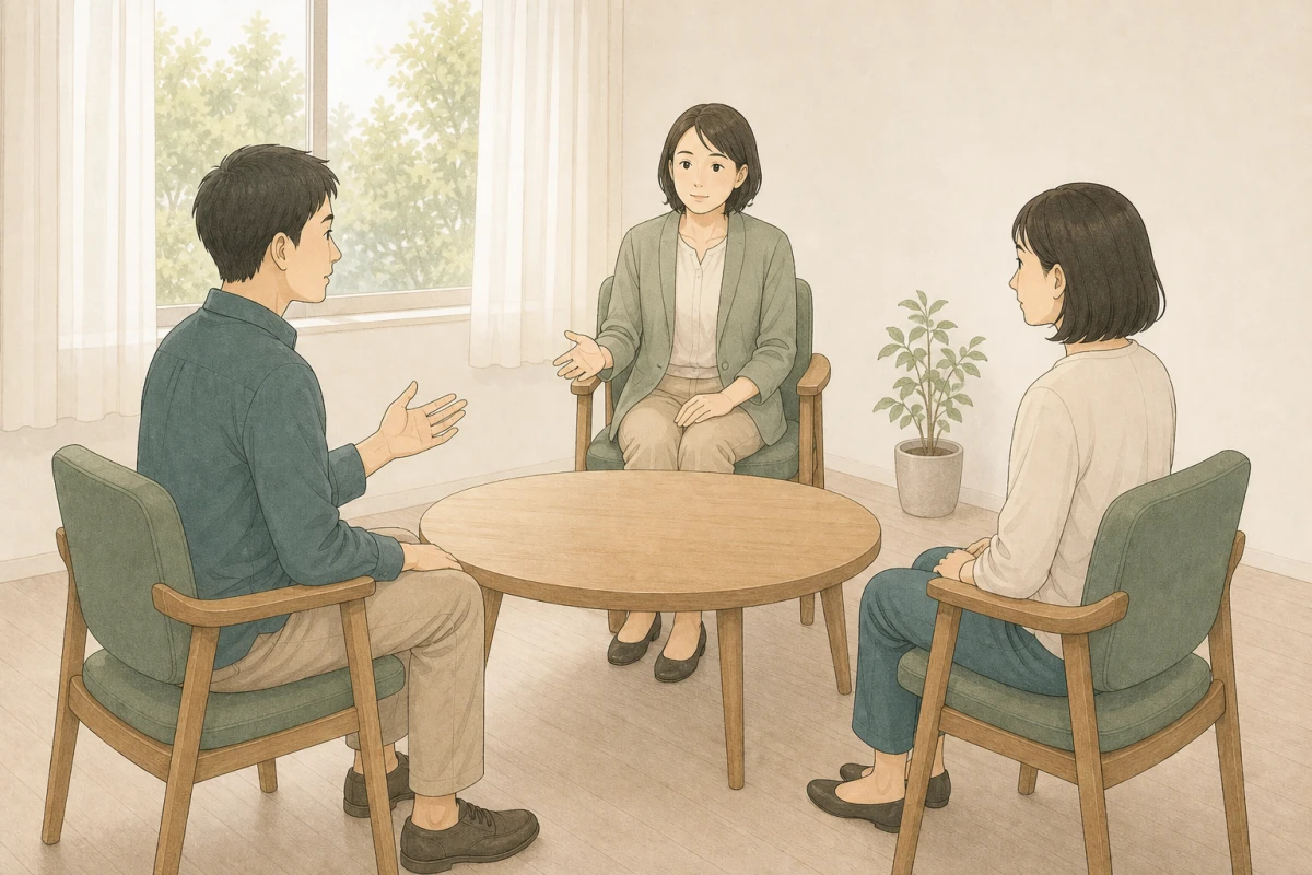 明るい相談室で、パートナー二人が相談員を交えて、関係について次の行動を穏やかに整理するイラスト