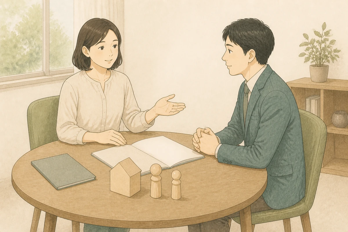 家と二人の暮らしを示す模型を前に、夫婦関係と生活全体を専門家へ相談する人のイラスト