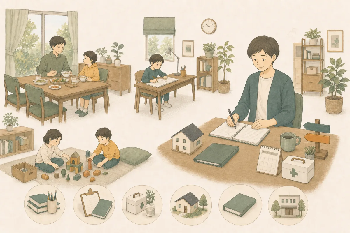 子どもたちが食事や学習、遊びを続けるそばで、大人が学校、健康、住まい、生活費、相談先を穏やかに整理しているイラスト