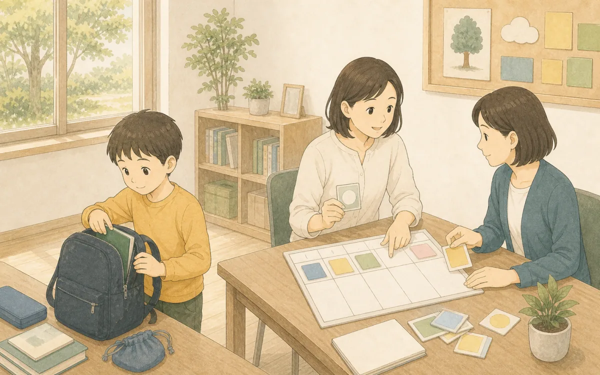 学校生活と予定を、子ども・養育者・支援者が色カードで穏やかに整理しているイラスト