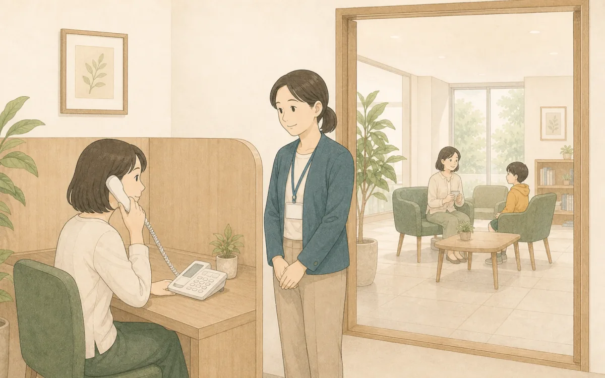 明るい公共相談窓口で電話相談につながり、奥に安全な待合室が見えるイラスト