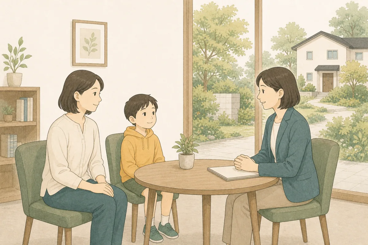 親子が明るい相談室で支援者と安全な暮らしについて話しているイラスト