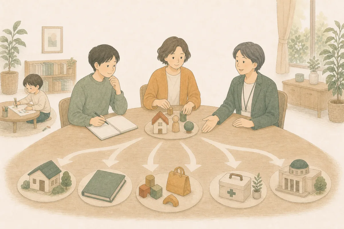 住まい、仕事、子育て、健康、公的支援という複数の入口を、立場の異なる大人たちが穏やかに整理しているイラスト