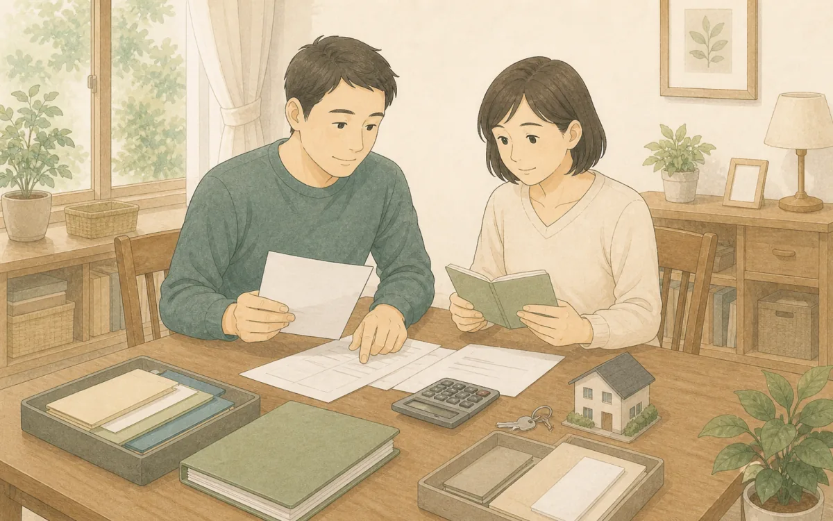 二人の大人が、無文字の書類や通帳、計算機、住まいの模型を落ち着いて整理しているイラスト