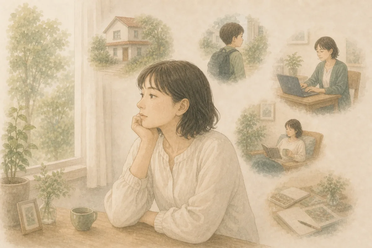 窓辺で一人の女性が住まいや子ども、仕事など、まだ形の決まっていない将来について静かに考えているイラスト