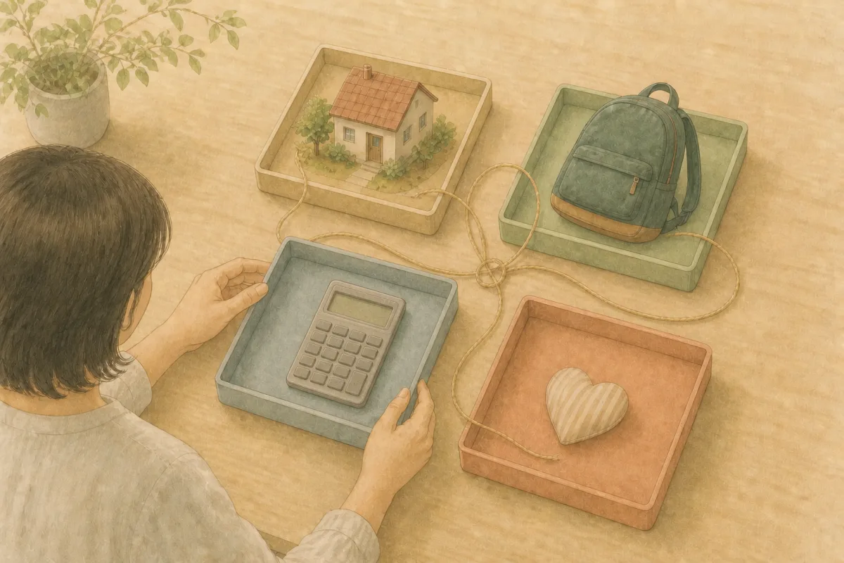 住まい、子どもの毎日、お金、気持ちを表す物を四つのトレーに分けながら、絡まった問題を整理しているイラスト