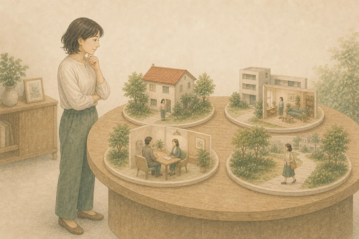 一人の女性が今の住まい、別の暮らし、相談する場、新しい日常を表す四つの情景を比べているイラスト