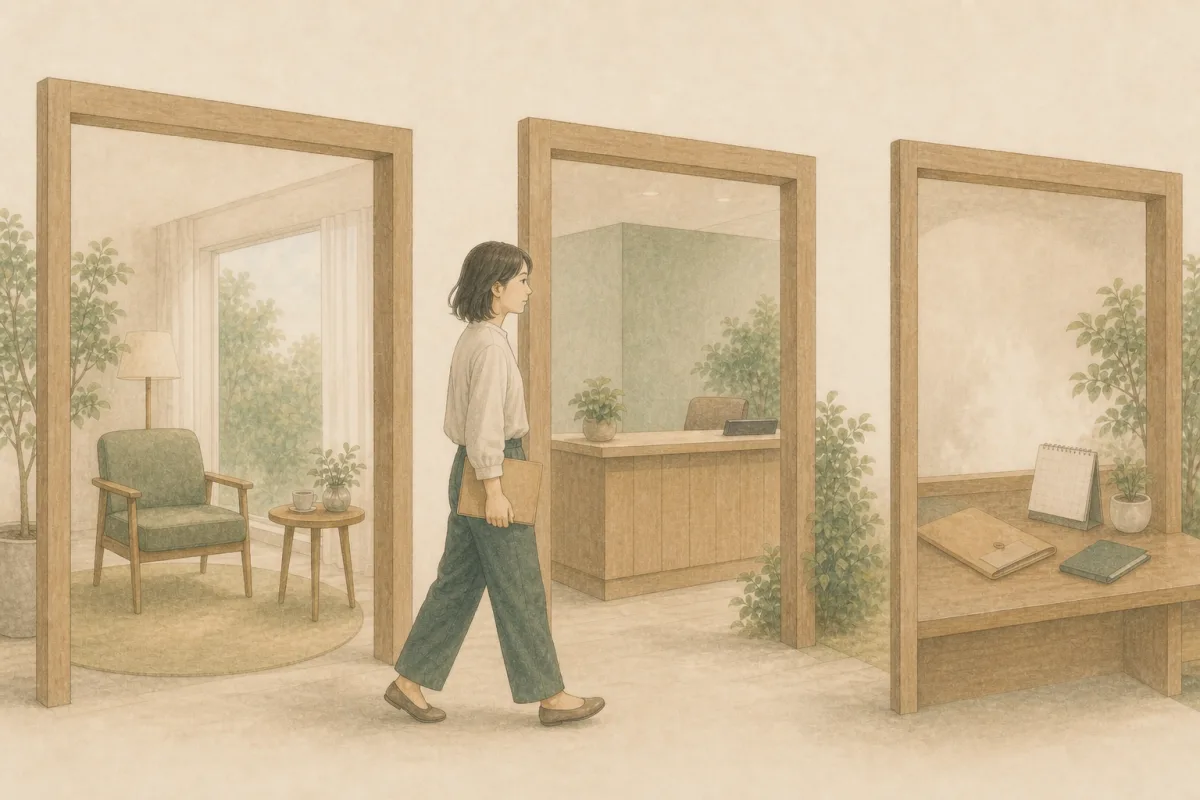一人の女性が相談、支援、手続きを表す三つの開かれた場所を、一つずつ落ち着いて進んでいるイラスト