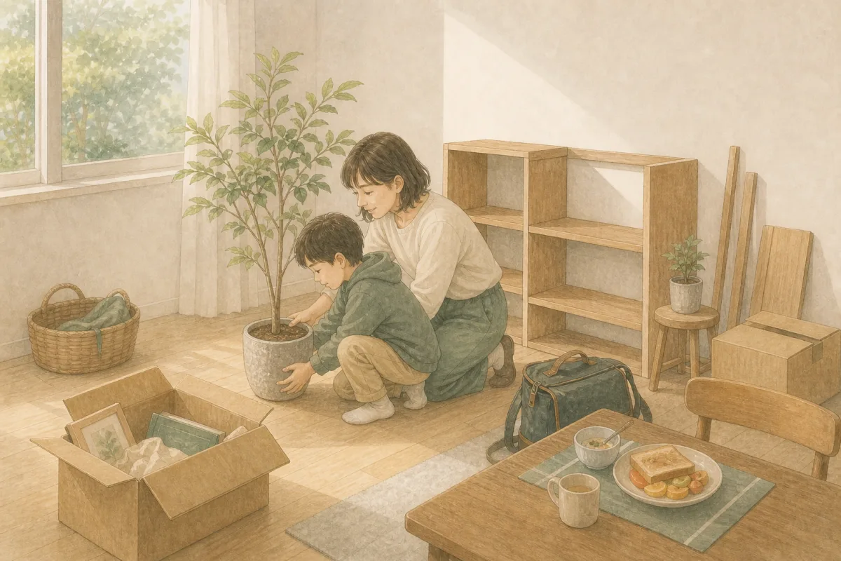 親子が新しい住まいで若い木の鉢を一緒に動かしながら、これからの日常を少しずつ整えているイラスト