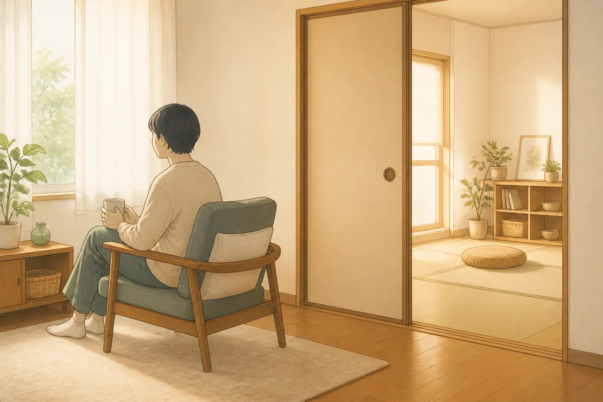 明るい部屋で椅子に座り、カップを手に窓の外を見つめる人のイラスト