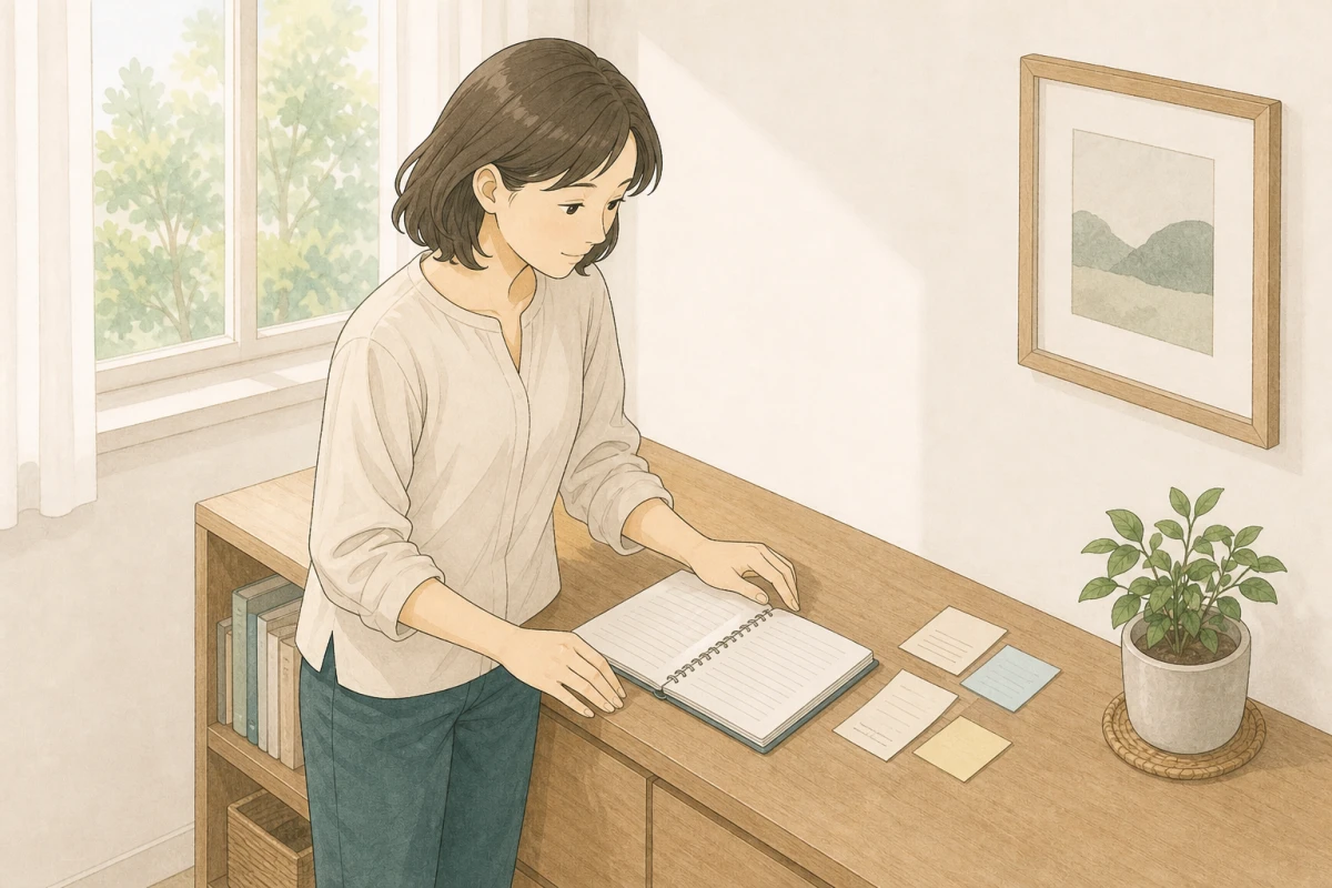 明るい窓辺に立ち、木製のサイドボード上のノートとメモを整理する人のイラスト