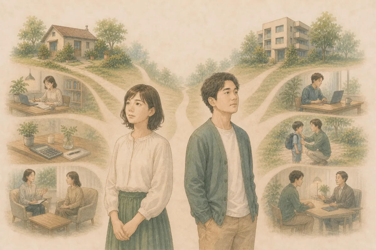 女性と男性がそれぞれの暮らしの選択肢を背景に別方向を見つめるイラスト