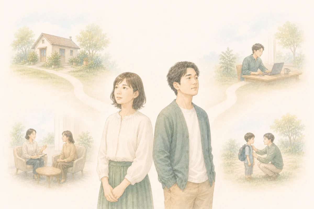 女性と男性が、住まい、仕事、子ども、相談先など暮らしの選択肢を考える明るいイラスト