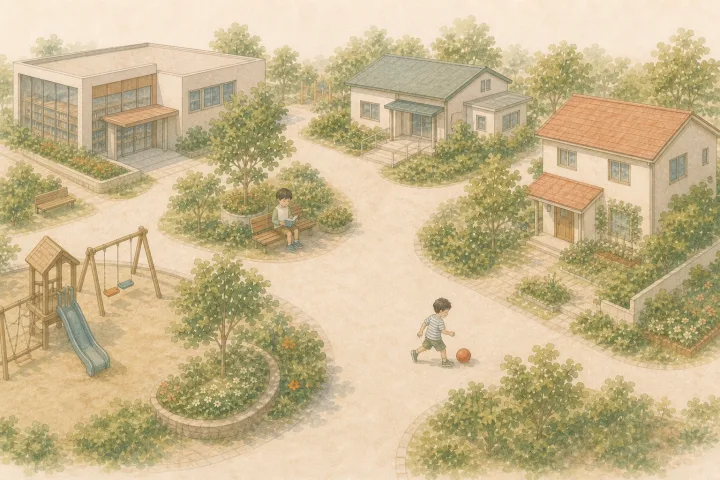 学校、遊び場、健康、住まいがつながる子どもの日常のイラスト