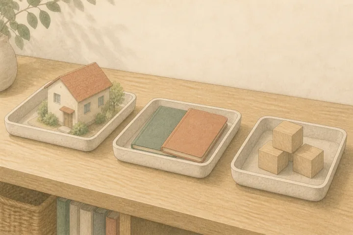 家、閉じた資料、中立的な積み木を別々の器で整理するイラスト