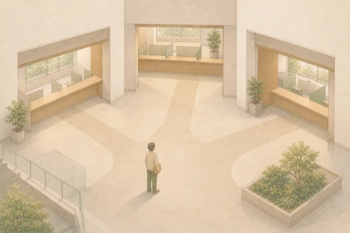 複数に分かれる公的な手続の入口を、無地の資料を持つ人が見渡すイラスト