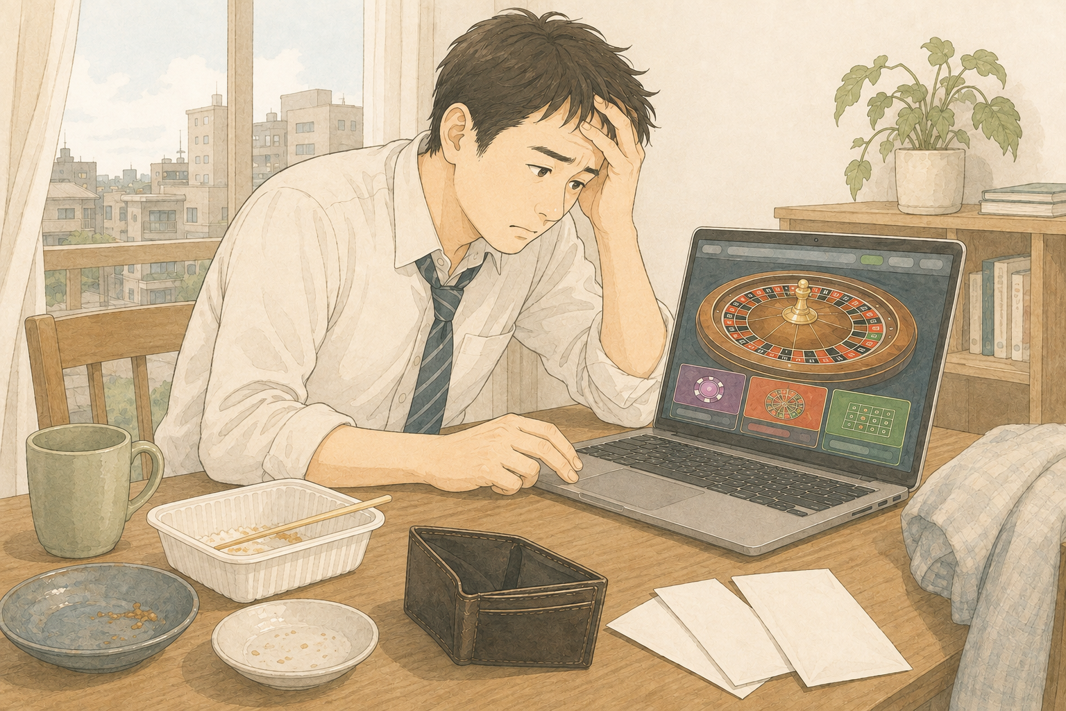 明るい部屋で、ノートパソコンのルーレット画面を見ながら頭を抱える男性のイラスト